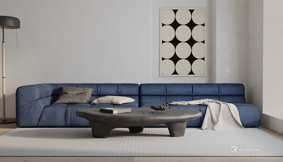 Modern Blue Sectional Sofa With Throw Pillows Coffee Table And Geometric Wall Art 3d model