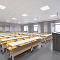 School Classroom With Rows Of White Desks Yellow Chairs Large Screen Windows And Ceiling Lights