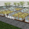 Garden Landscape Featuring Glass Greenhouse Structures Pathway Lush Plants And Trees