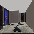 Elegant Modern Hotel Corridor With Textured Walls Patterned Carpet And Recessed Lighting