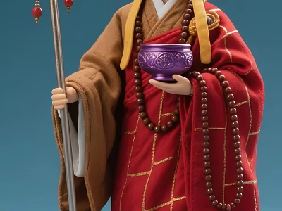 Man Wearing Traditional Red And Brown Robe Holding Wooden Staff Purple Bowl And Prayer Beads 3d model