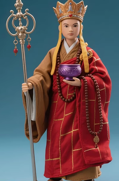 Man Wearing Traditional Red And Brown Robe Holding Wooden Staff Purple Bowl And Prayer Beads 3d model