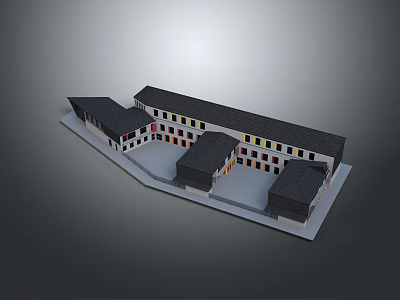Landscape View Of Architectural Model With Connected White Buildings Black Roofs Courtyard And Colorful Windows 3d model