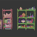 Wooden Shelves Display Various Antique Items Including Clay Pots Small Statues Books And Boxes