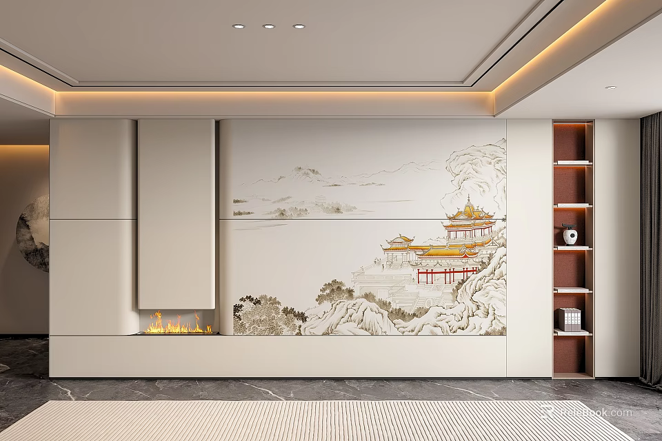 Modern Luxury Beige Sofa Backdrop Wall With Chinese Landscape Painting Built-in Fireplace And Wooden Bookshelves 3d model 