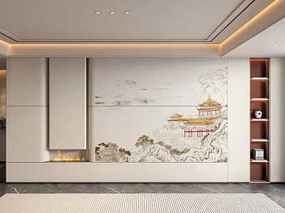 Modern Luxury Beige Sofa Backdrop Wall With Chinese Landscape Painting Built-in Fireplace And Wooden Bookshelves 3d model