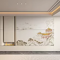 Modern Luxury Beige Sofa Backdrop Wall With Chinese Landscape Painting Built-in Fireplace And Wooden Bookshelves