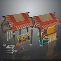 Modern Street Market Stalls With Red White Striped Roofs And Wooden Crates