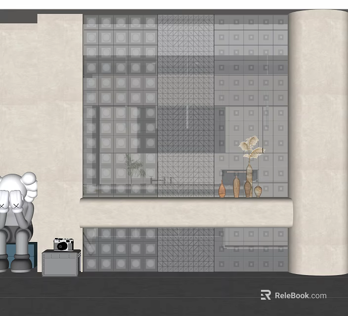 Interior Partition With Grid Pattern Design And Decorative Vase Camera In Room 3d model