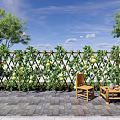 Lush Gourd Vine Covered Trellis Fence In Courtyard With Wooden Chairs And Table