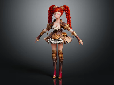 Red Twin Braids Fantasy Female Character With Ornate Armored Outfit Short Skirt And Red Boots 3d model