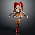 Red Twin Braids Fantasy Female Character With Ornate Armored Outfit Short Skirt And Red Boots