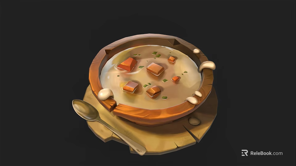 Warm Wooden Bowl of Creamy Soup with Tender Meat Cubes and Fresh Herbs 3d model 