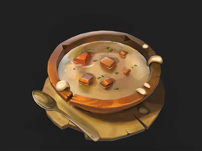 Warm Wooden Bowl of Creamy Soup with Tender Meat Cubes and Fresh Herbs 3d model