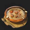 Warm Wooden Bowl of Creamy Soup with Tender Meat Cubes and Fresh Herbs