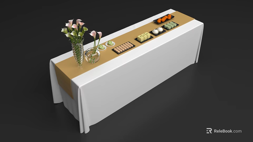 Tea Break Area Setup With White Tablecloth Brown Runner Fresh Floral Arrangement Pastries And Fruits 3d model 