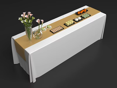 Tea Break Area Setup With White Tablecloth Brown Runner Fresh Floral Arrangement Pastries And Fruits 3d model
