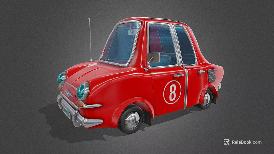 Cartoon Style Red Car With Number 8 Transparent Windows And Small Antenna 3d model 