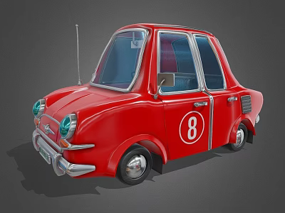 Cartoon Style Red Car With Number 8 Transparent Windows And Small Antenna 3d model