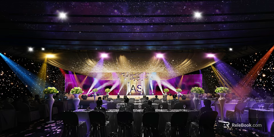 Luxurious Banquet Hall With Starry Ceiling Stage Lighting And Flower Decorations 3d model 