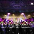 Luxurious Banquet Hall With Starry Ceiling Stage Lighting And Flower Decorations