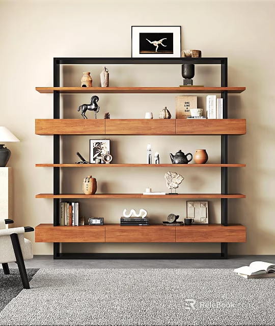 Modern Wooden Bookshelf With Black Metal Frame Holding Books And Decor Items 3d model 