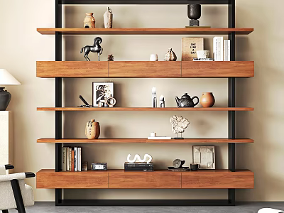 Modern Wooden Bookshelf With Black Metal Frame Holding Books And Decor Items 3d model