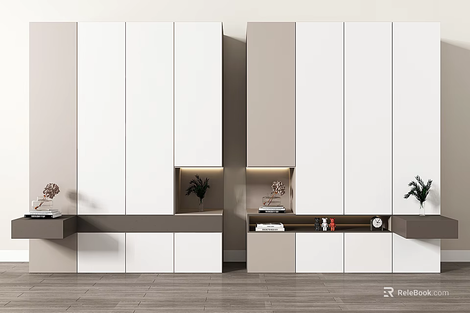 Modern Bedroom Wardrobe In White And Gray With Sliding Doors Storage Shelves And LED Lights 3d model 