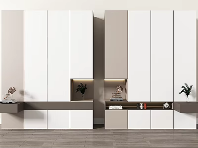 Modern Bedroom Wardrobe In White And Gray With Sliding Doors Storage Shelves And LED Lights 3d model