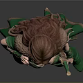 Woman In Elaborate Green Outfit With Long Hair Cloak Ornate Belt And Gloves