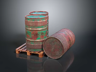 Rusty Metal Barrels Stacked On Wooden Pallet With Tilted Position And Vintage Look 3d model