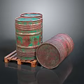 Rusty Metal Barrels Stacked On Wooden Pallet With Tilted Position And Vintage Look