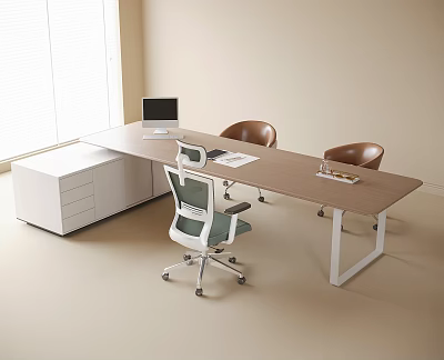 Modern Wooden Desk and Office Chair Set with Computer Documents and Drawer Cabinet 3d model