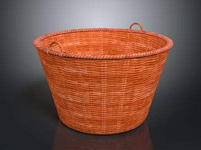 Adorable Kitten Resting In Round Orange Woven Basket With Handles 3d model