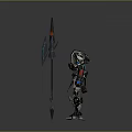 Mechanical Robot Character Standing Holding Long Spear With Detailed Armor Design