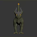 Green Mythical Creature 3D Model With Purple Horns Yellow Eyes Claws And Stripes