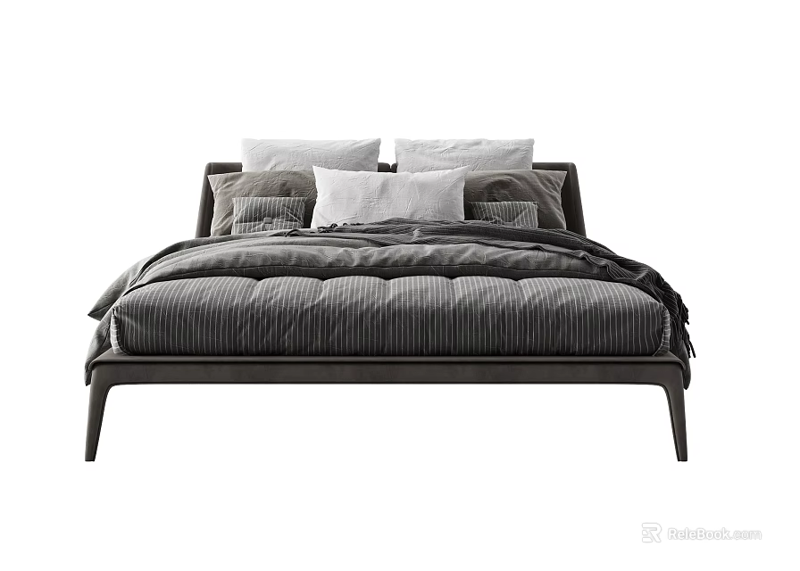 Modern Double Bed With Minimalist Frame Dark Bedding And Multiple White Pillows 3d model