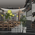 Cozy Hot Pot Restaurant Interior With Hanging Lanterns Green Plants And Wooden Tables