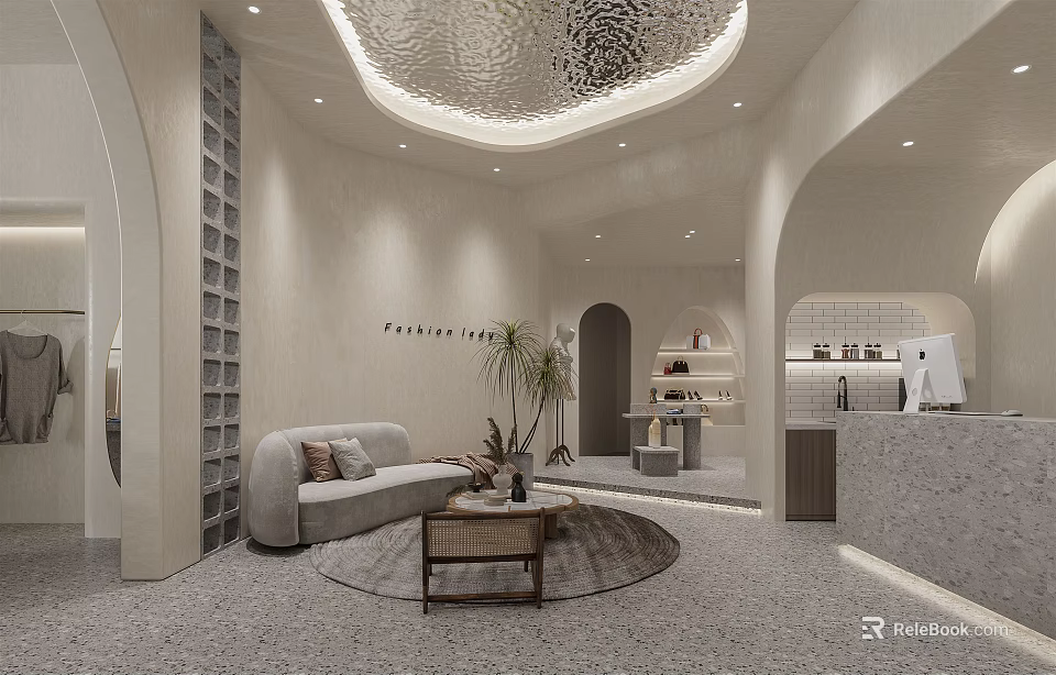 Modern Clothing Store Interior With Sofa Plant Counter And Display Shelves 3d model 