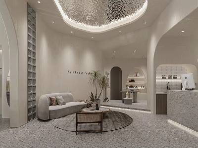 Modern Clothing Store Interior With Sofa Plant Counter And Display Shelves 3d model