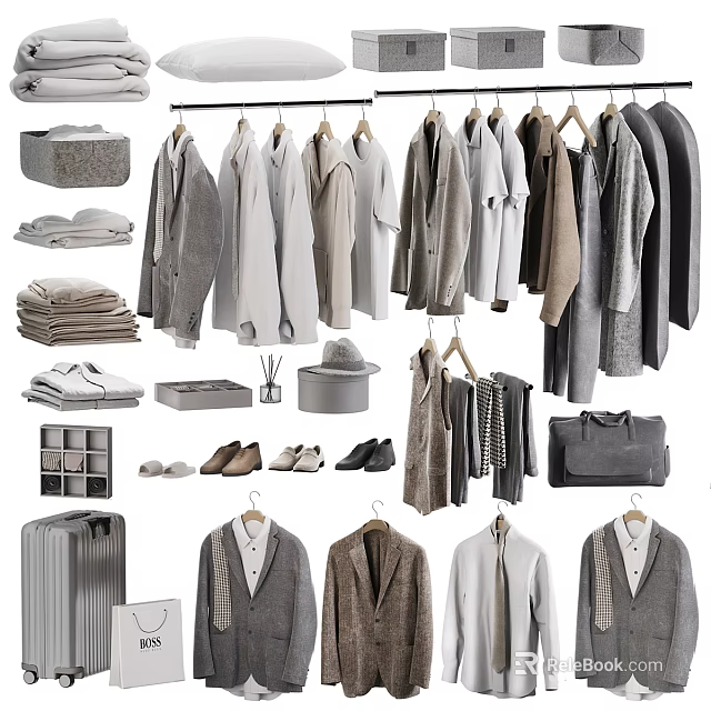 Organized Wardrobe With Hanging Coats Shirts Jackets Shoes Hats And Storage Boxes 3d model 