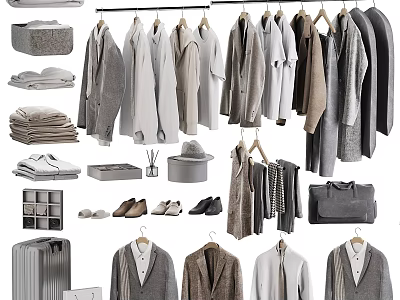 Organized Wardrobe With Hanging Coats Shirts Jackets Shoes Hats And Storage Boxes 3d model