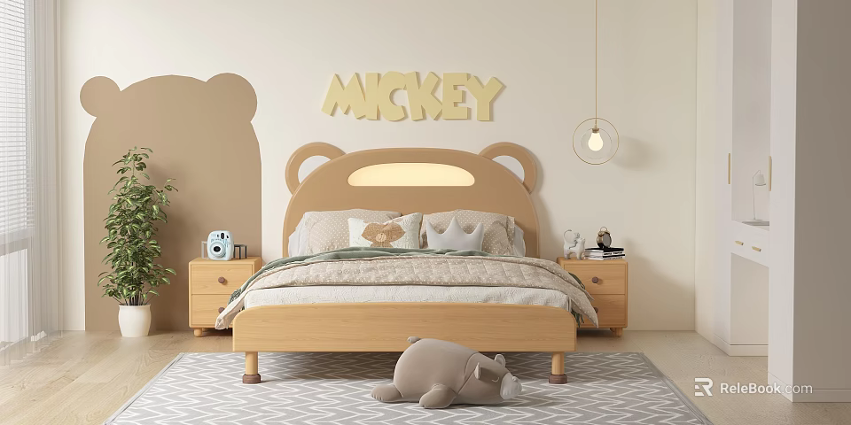 Wooden Children's Bed With Bear Ear Headboard Mickey Decor Soft Pillows And Stuffed Animal 3d model 