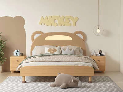 Wooden Children's Bed With Bear Ear Headboard Mickey Decor Soft Pillows And Stuffed Animal 3d model