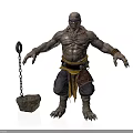 Muscular Bald Man In Leather Outfit With Yellow Belt And Stone Hammer Chain Standing Pose