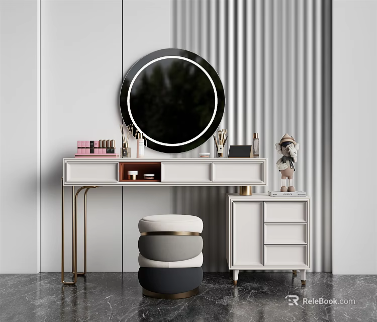 Modern Dressing Table With Illuminated Round Mirror Cosmetics Stool And Drawers 3d model