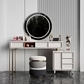 Modern Dressing Table With Illuminated Round Mirror Cosmetics Stool And Drawers 3d model