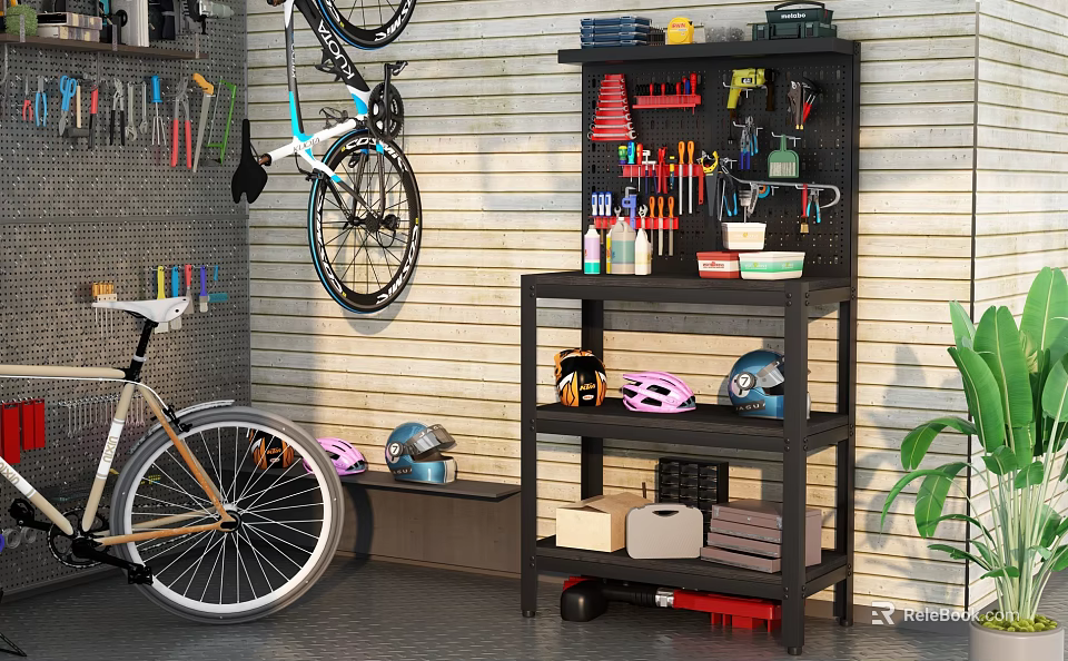 Public Bicycle Repair Facility Featuring Tool Racks Helmets Tools And Storage Shelves 3d model 