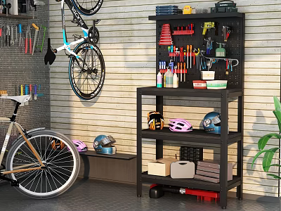 Public Bicycle Repair Facility Featuring Tool Racks Helmets Tools And Storage Shelves 3d model