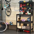 Public Bicycle Repair Facility Featuring Tool Racks Helmets Tools And Storage Shelves